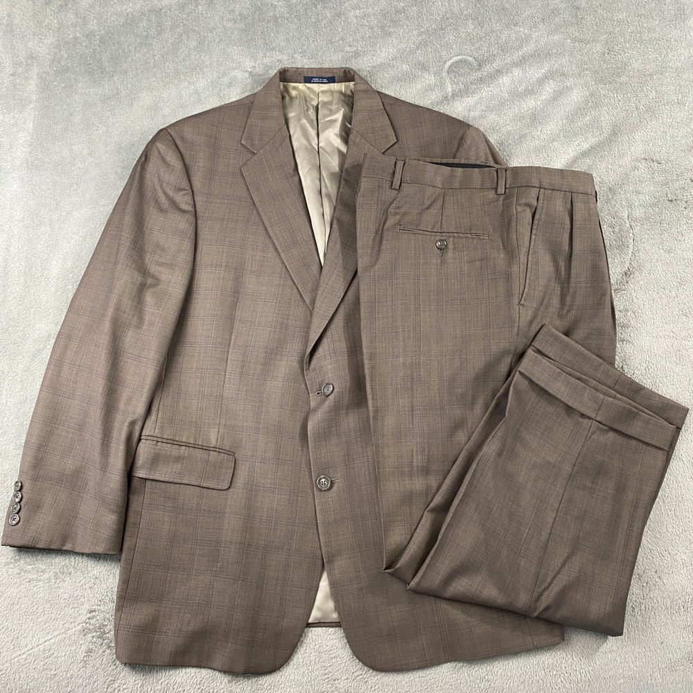 Hart Schaffner Marx Suit Mens 43R Brown Glen Plaid 2-Button Pleated Cuffed USA